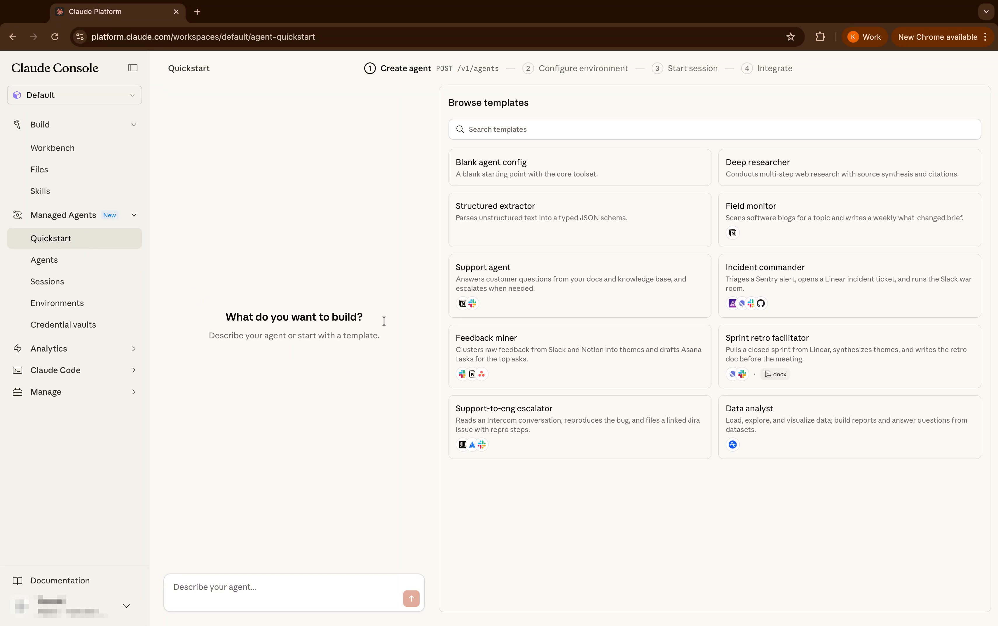 テンプレートブラウザから「Support agent」を選択する
